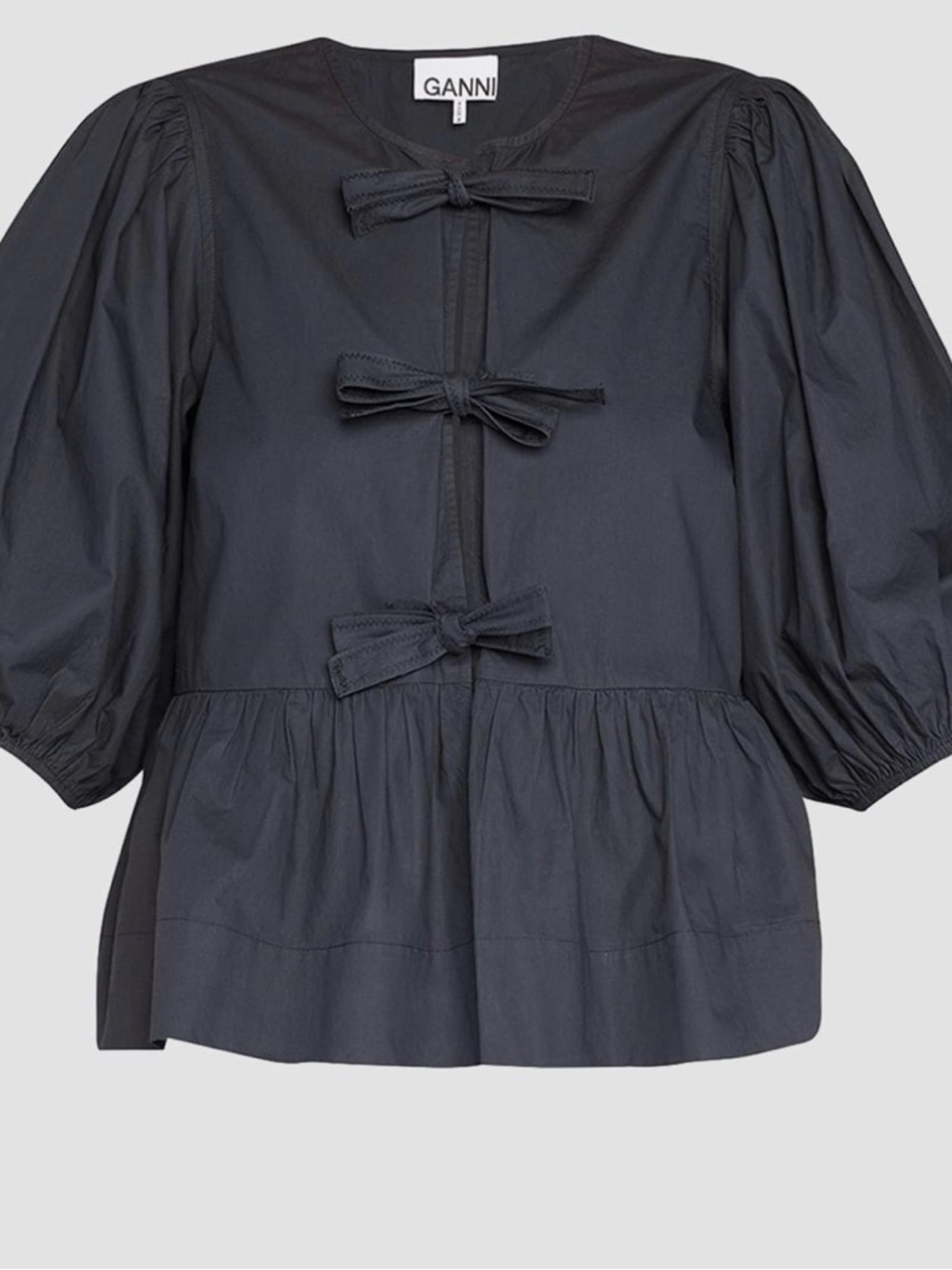 Ganni Black Puff-Sleeve Bow-Front Peplum Top